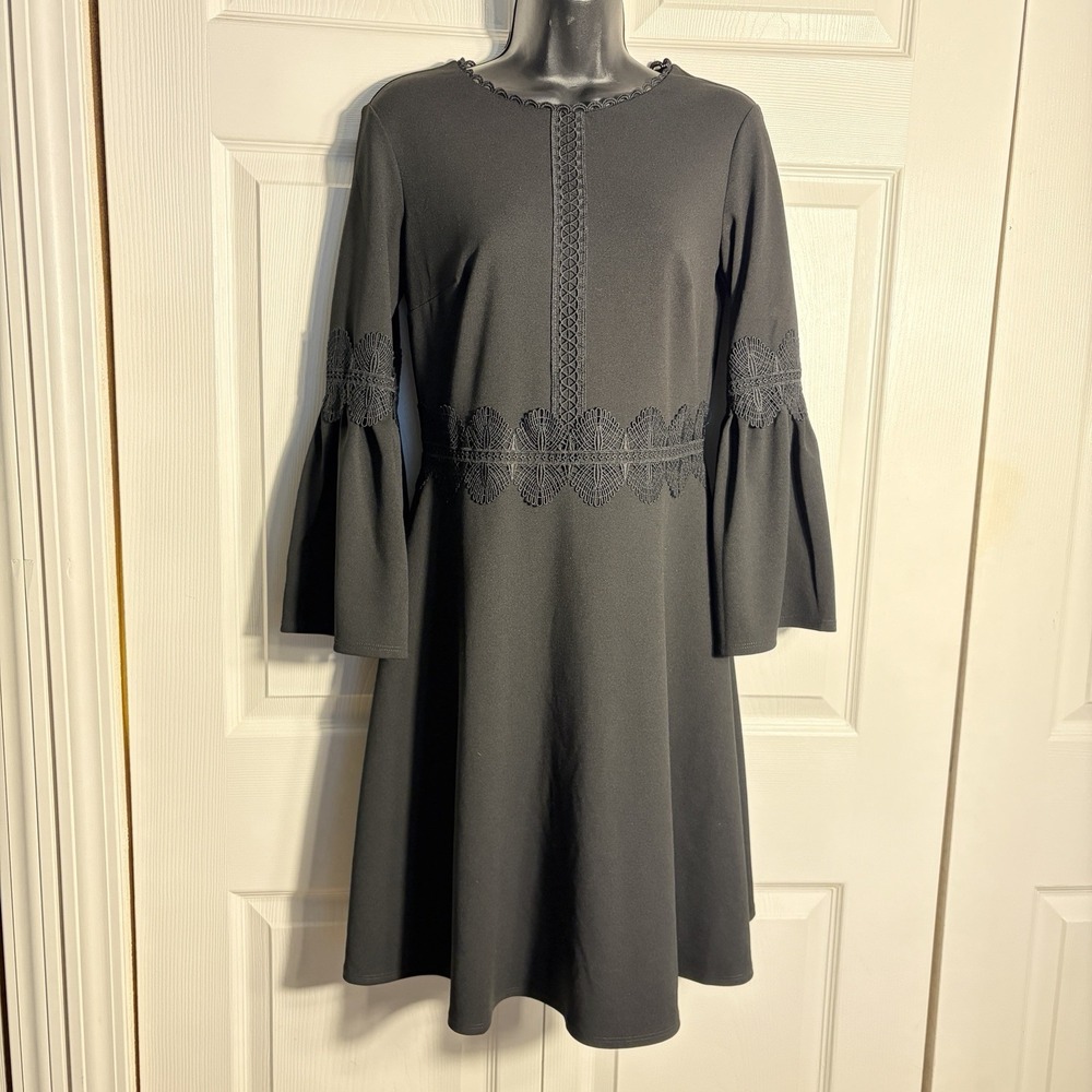 Banana Republic Crochet Lace Trim Dress Women 2 Black‎ Flared Bell Sleeve Witchy